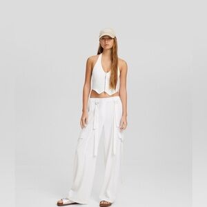 Bershka White Linen Blend Cargo Pants XL Utility Strap Detail Wide Leg